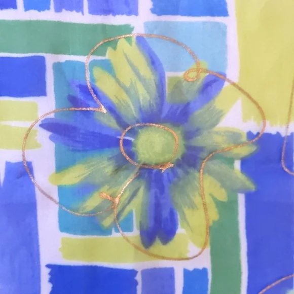 Floral & Geometric Print Sheer Scarf, Blue / Green / Gold, 61" x 12" - Picture 5 of 7